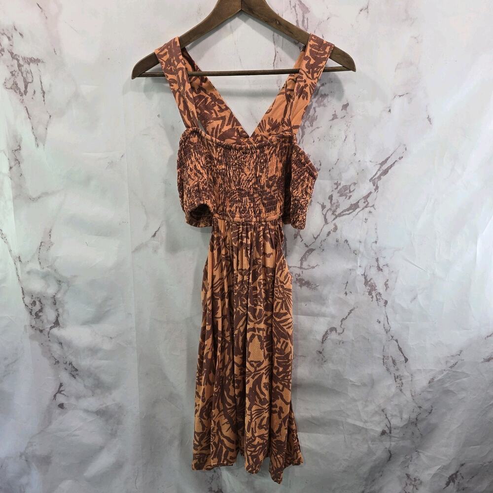 Anthropologie Dress Womens Medium Linen Piper Criss Cross Smocked Cut Out Orange